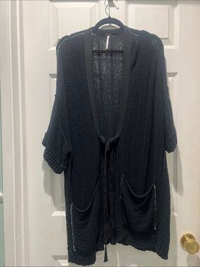 Free People Black Tie-Front Open Knit Sweater Cardigan - Women